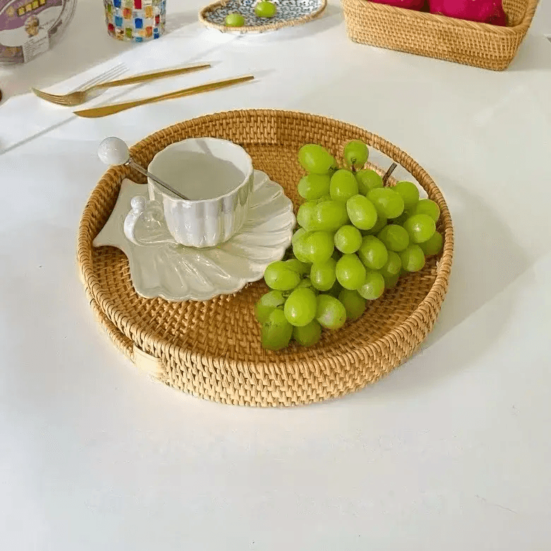 Hand-Woven Rattan Storage Basket Tray - Vintage & Trendy