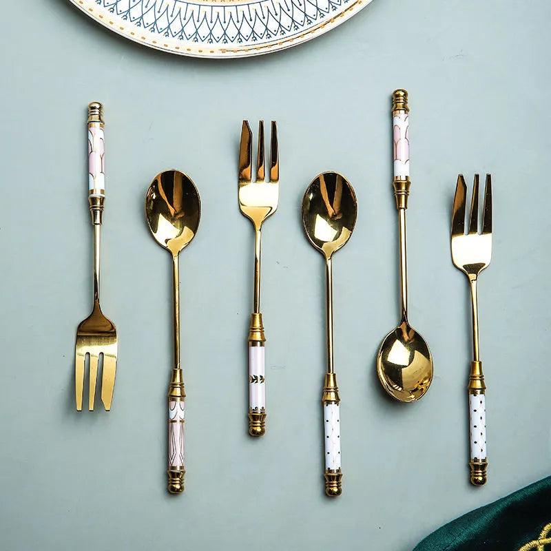 Vintage Luxe Ceramic Handled Fork and Spoon Set - Vintage & Trendy