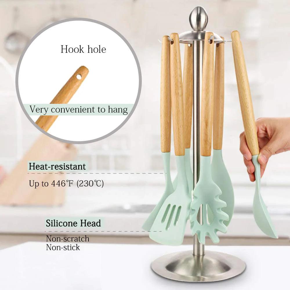 New Silicone Cooking Utensils Set with Beech Handle - Vintage & Trendy