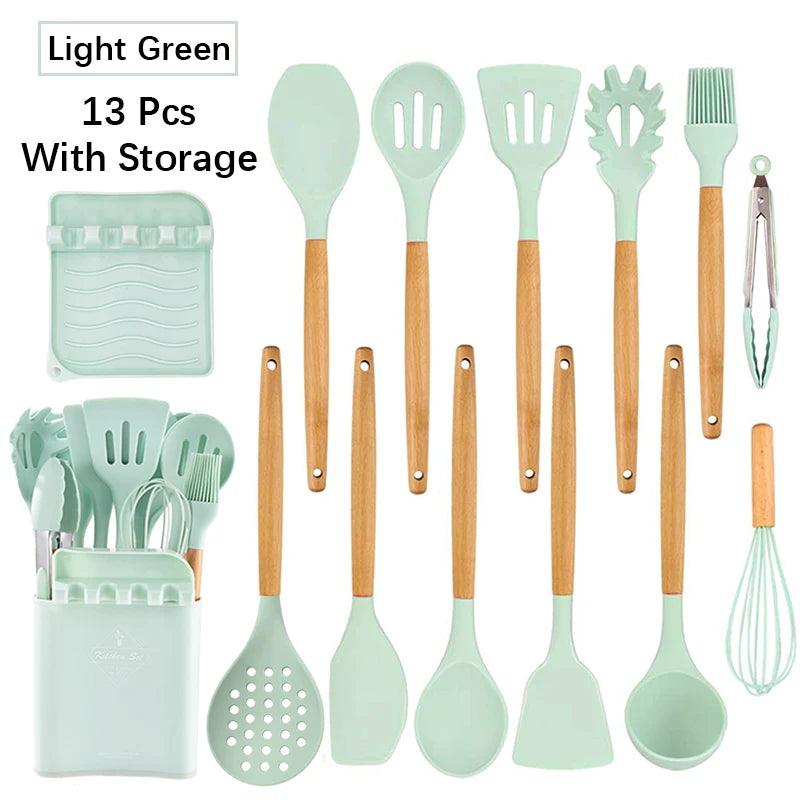 New Silicone Cooking Utensils Set with Beech Handle - Vintage & Trendy