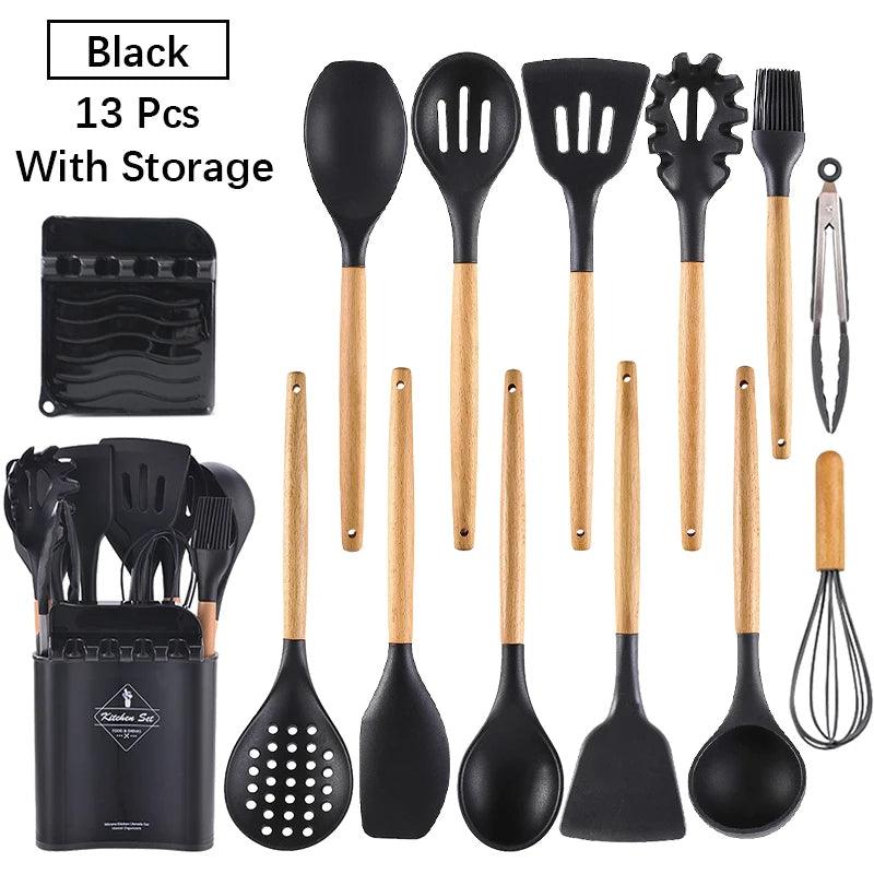 New Silicone Cooking Utensils Set with Beech Handle - Vintage & Trendy