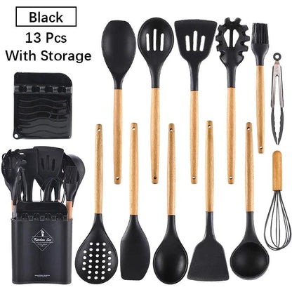 New Silicone Cooking Utensils Set with Beech Handle - Vintage & Trendy