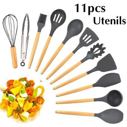 New Silicone Cooking Utensils Set with Beech Handle - Vintage & Trendy