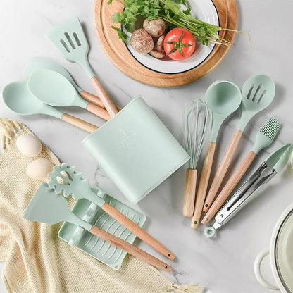 New Silicone Cooking Utensils Set with Beech Handle - Vintage & Trendy