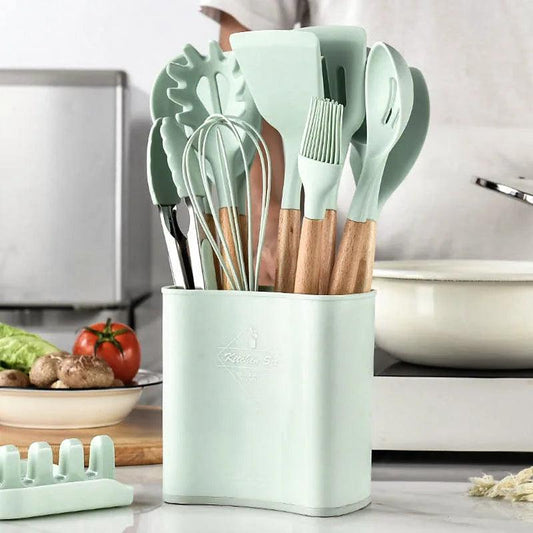 New Silicone Cooking Utensils Set with Beech Handle - Vintage & Trendy