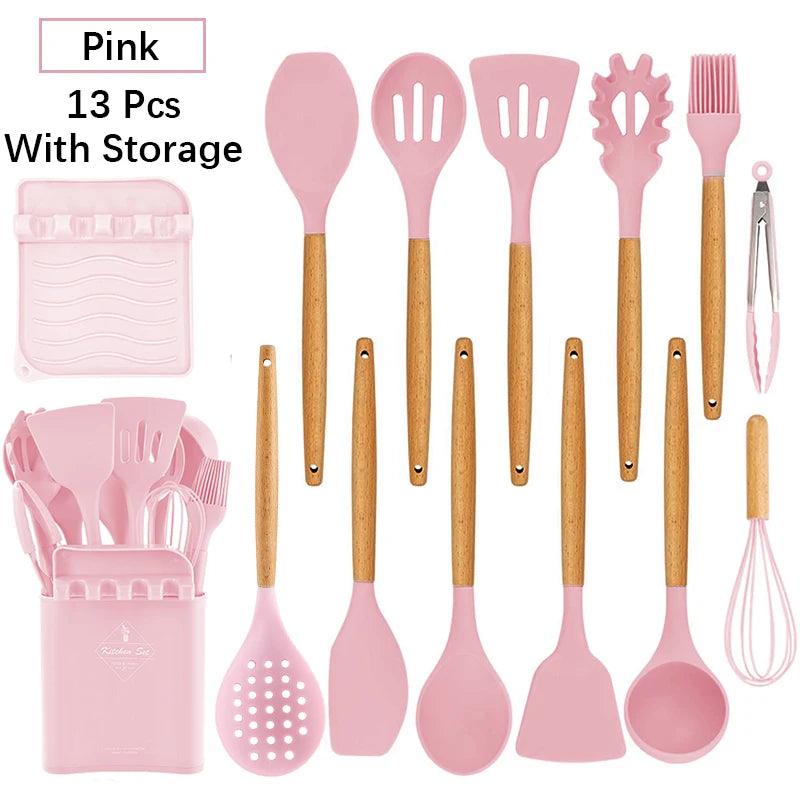 New Silicone Cooking Utensils Set with Beech Handle - Vintage & Trendy