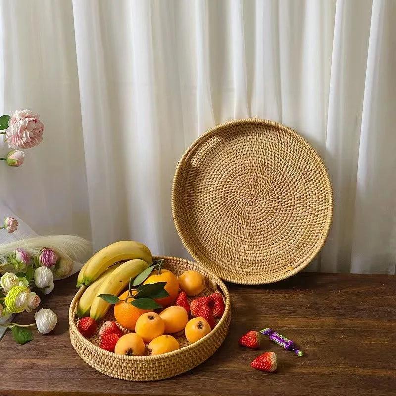 Hand-Woven Rattan Storage Basket Tray - Vintage & Trendy