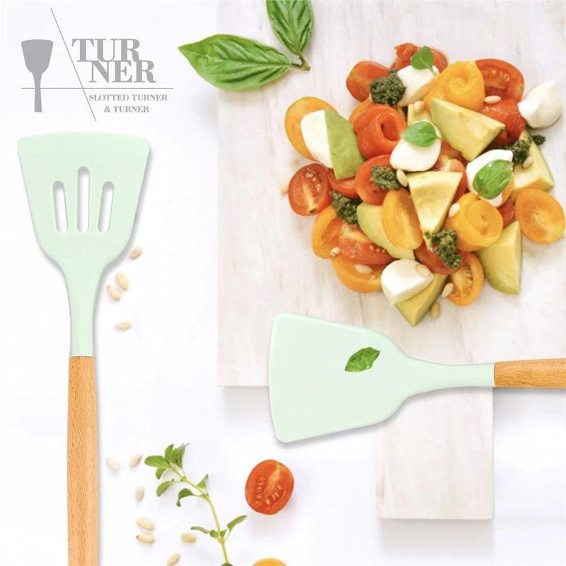 New Silicone Cooking Utensils Set with Beech Handle - Vintage & Trendy