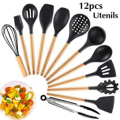 New Silicone Cooking Utensils Set with Beech Handle - Vintage & Trendy