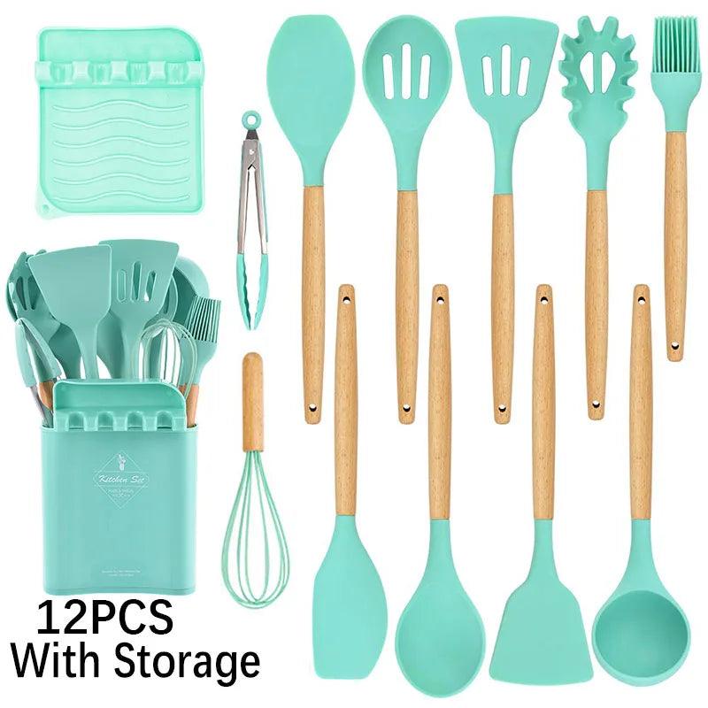 New Silicone Cooking Utensils Set with Beech Handle - Vintage & Trendy