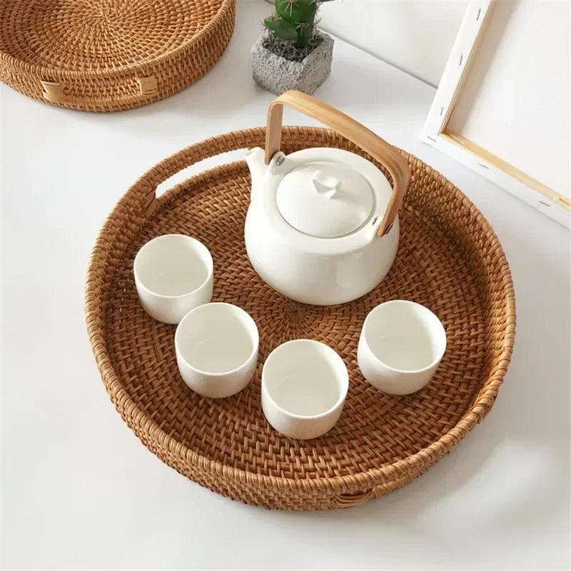 Hand-Woven Rattan Storage Basket Tray - Vintage & Trendy