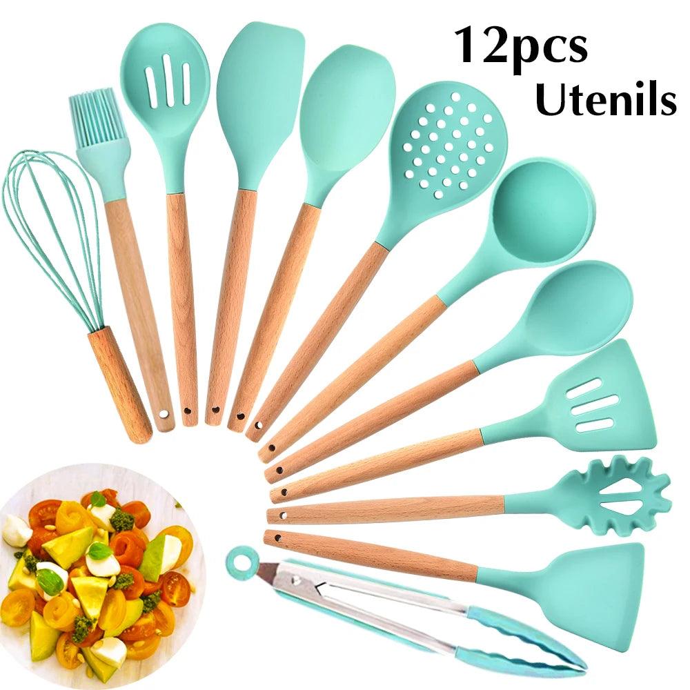 New Silicone Cooking Utensils Set with Beech Handle - Vintage & Trendy