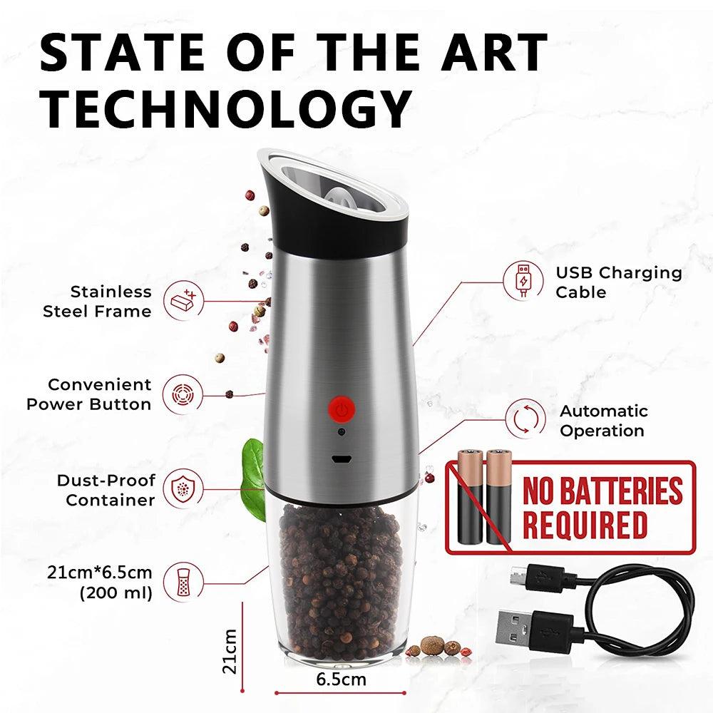 EleganceGrind - Electric Gravity Salt and Pepper Grinder with USB Charging - Vintage & Trendy