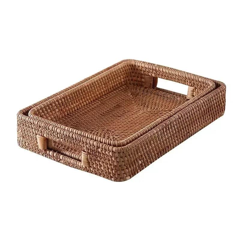 Hand-Woven Rattan Storage Basket Tray - Vintage & Trendy