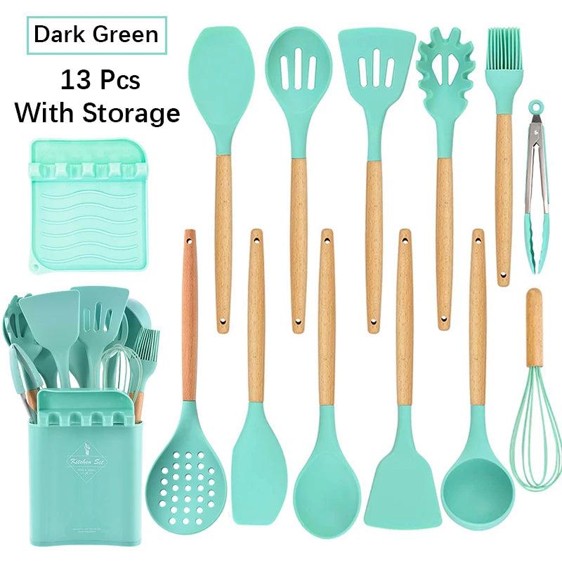 New Silicone Cooking Utensils Set with Beech Handle - Vintage & Trendy