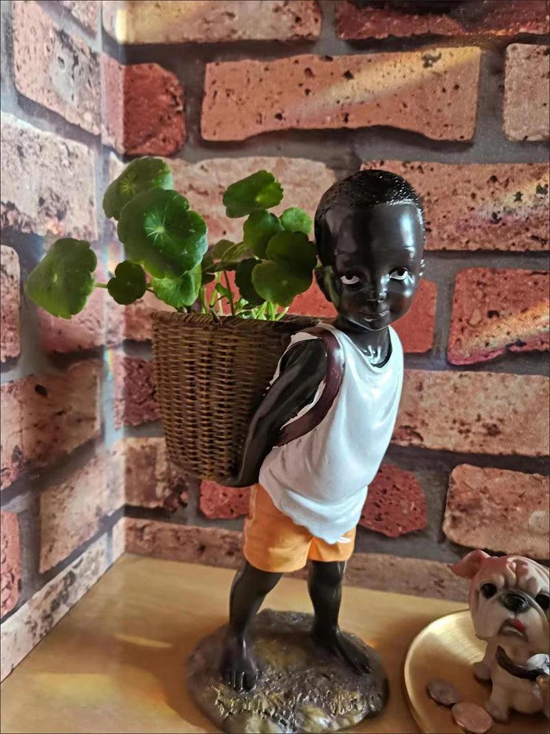 African Figurine Little Boy Tribal Kid Statue Sculpture - Vintage & Trendy