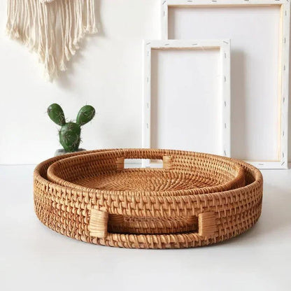 Hand-Woven Rattan Storage Basket Tray - Vintage & Trendy