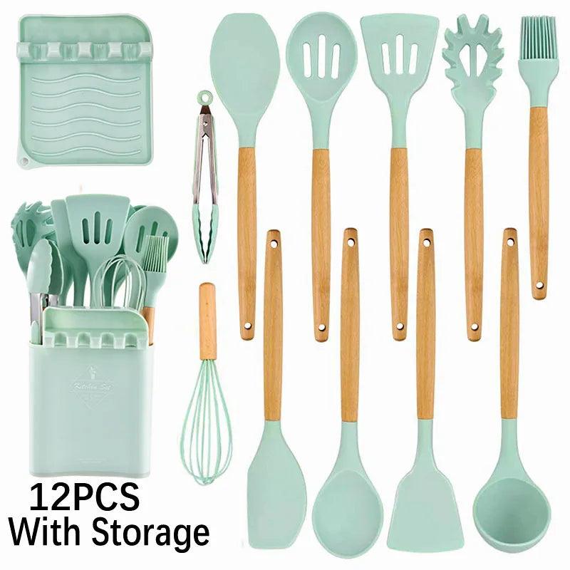 New Silicone Cooking Utensils Set with Beech Handle - Vintage & Trendy