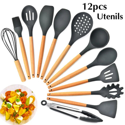 New Silicone Cooking Utensils Set with Beech Handle - Vintage & Trendy