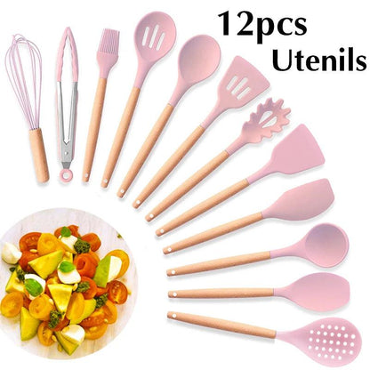 New Silicone Cooking Utensils Set with Beech Handle - Vintage & Trendy