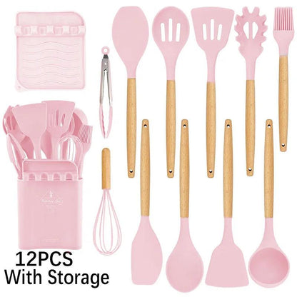 New Silicone Cooking Utensils Set with Beech Handle - Vintage & Trendy