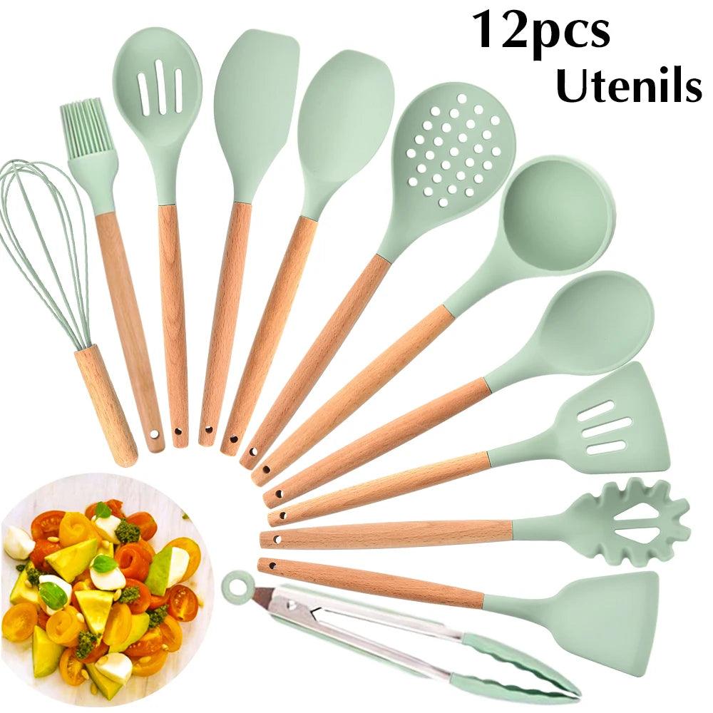 New Silicone Cooking Utensils Set with Beech Handle - Vintage & Trendy