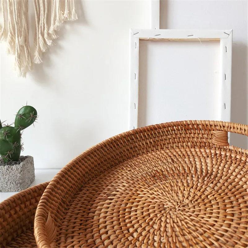 Hand-Woven Rattan Storage Basket Tray - Vintage & Trendy