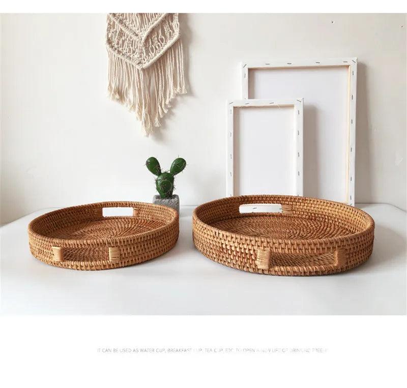 Hand-Woven Rattan Storage Basket Tray - Vintage & Trendy