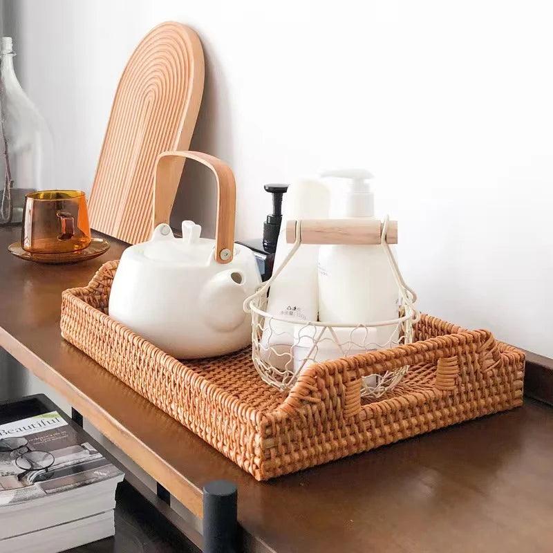 Hand-Woven Rattan Storage Basket Tray - Vintage & Trendy